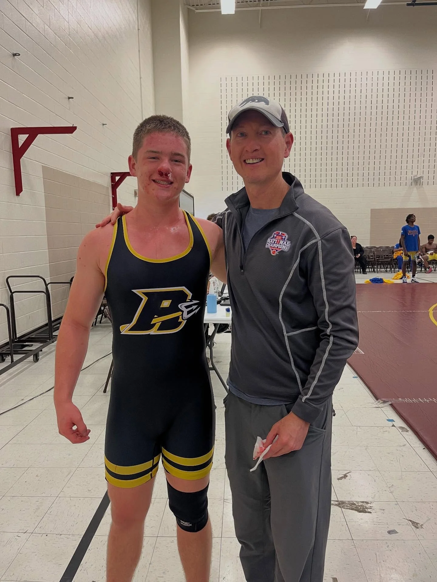 Congrats to Jake! He won 1st place at the Atkins Invitational yesterday. It came with a heck of a bloody nose at the end of his last match, but he powered through. Jeff gets to be one of the RJR wrestling coaches this year! 🖤💛🔱 Go Demons!