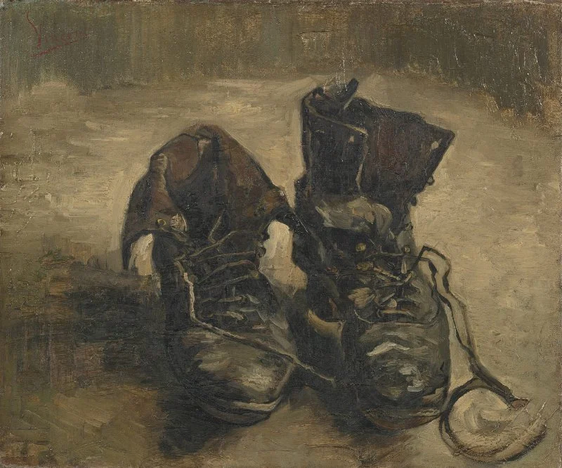 A painting of a pair of old, worn-out leather work shoes resting on a flat surface.