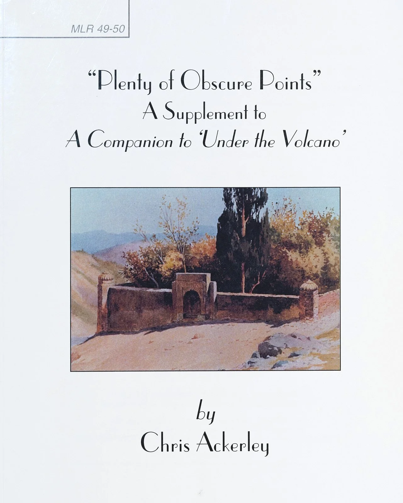 Cover of a book titled 'Plenty of Obscure Points' by Chris Ackerley, featuring a watercolor painting of a rustic stone gate and wall with trees and mountains in the background.