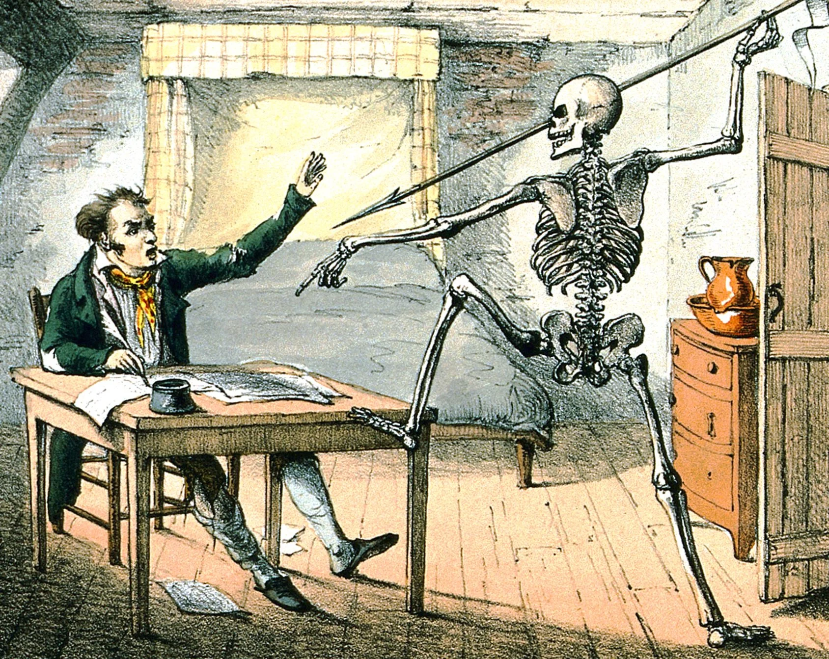 A sketch of a person sitting at a desk, raising one hand as if speaking or raising a point, with a skeleton seated on a bed with its arms outstretched, one leg crossed over the other, in a room with a window, curtain, and a cabinet with a jug.
