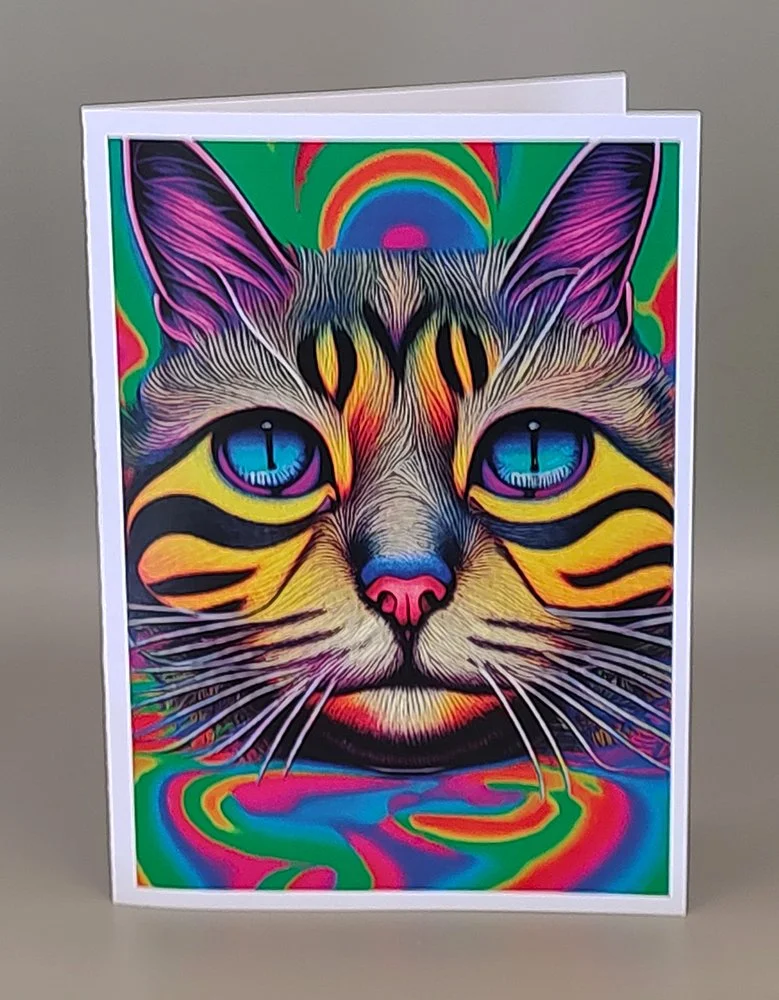 Psychedelic Cat Face Greeting Card Colorful Trippy Kitty Card