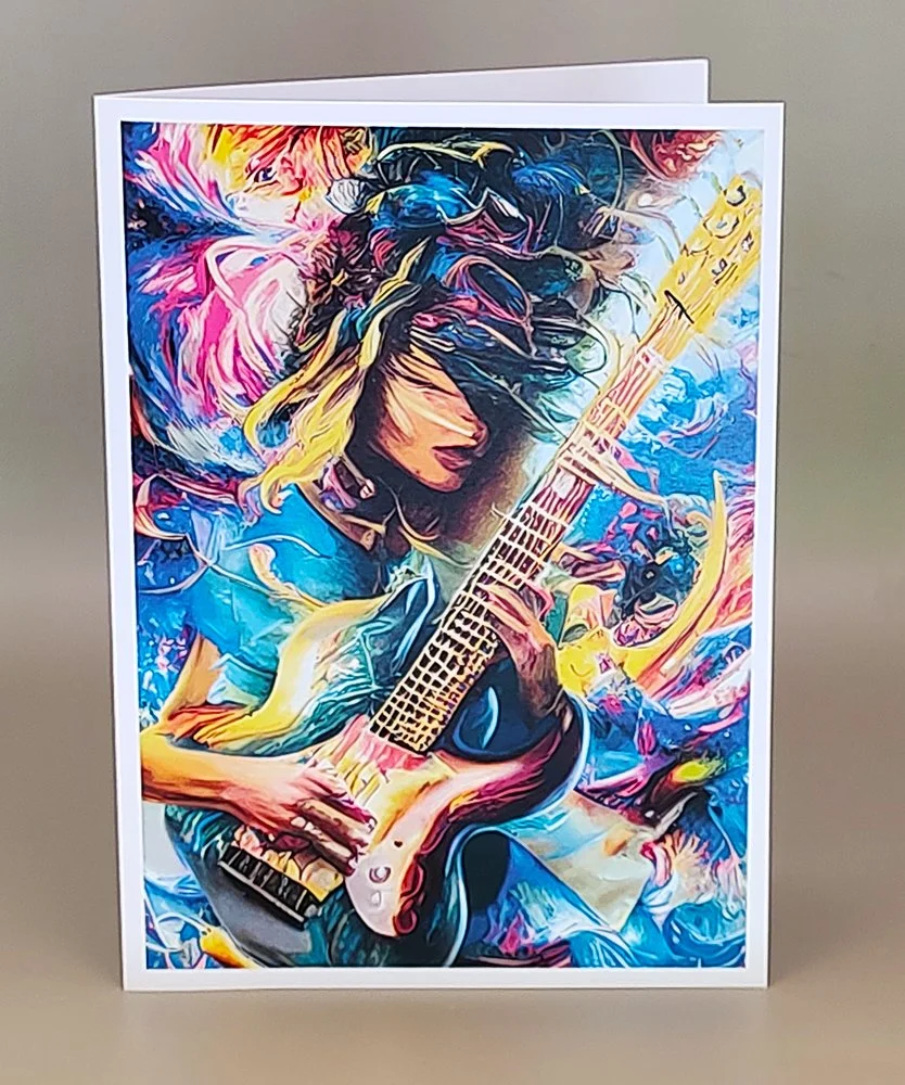 Abstract Rocker Chick Greeting Card Female Girl Woman Guitarist Art