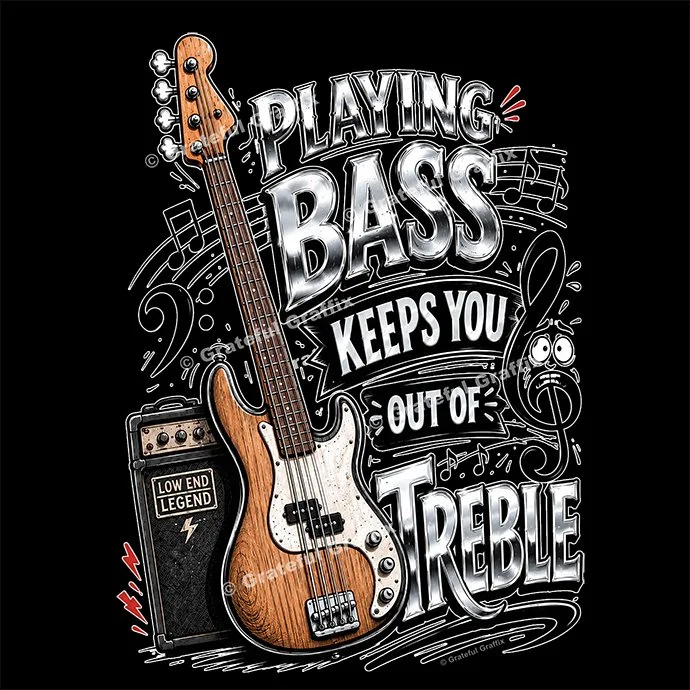 Playing Bass Keeps You Out Of Treble Music T-Shirt Humorous Play on Words Tee Shirt