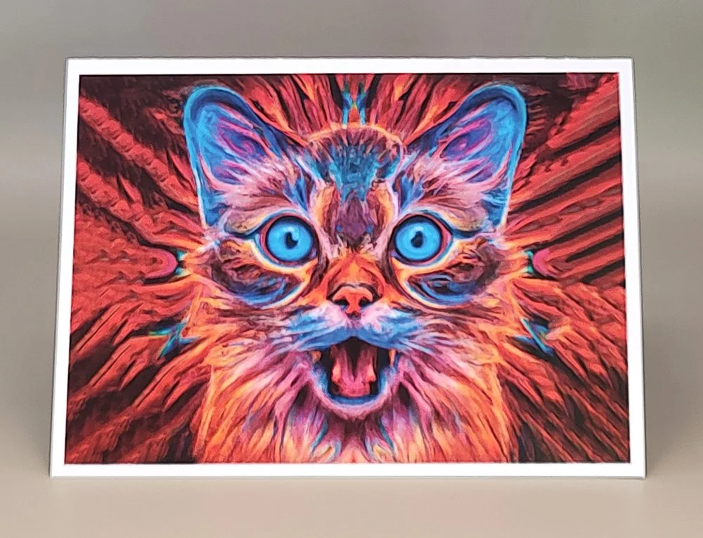 Psychedelic Freaky Cat Face Greeting Card Colorful Trippy Kitty Card