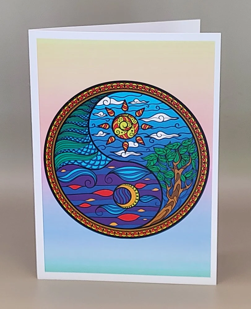 Hand Drawn Colored Sun and Moon Yin Yang Greeting Card