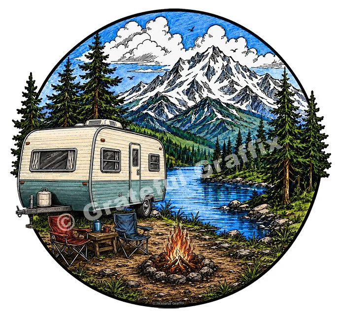 Lakeside Camper In The Mountains By the Fire T-Shirt Nature RV Camping Tee Shirt