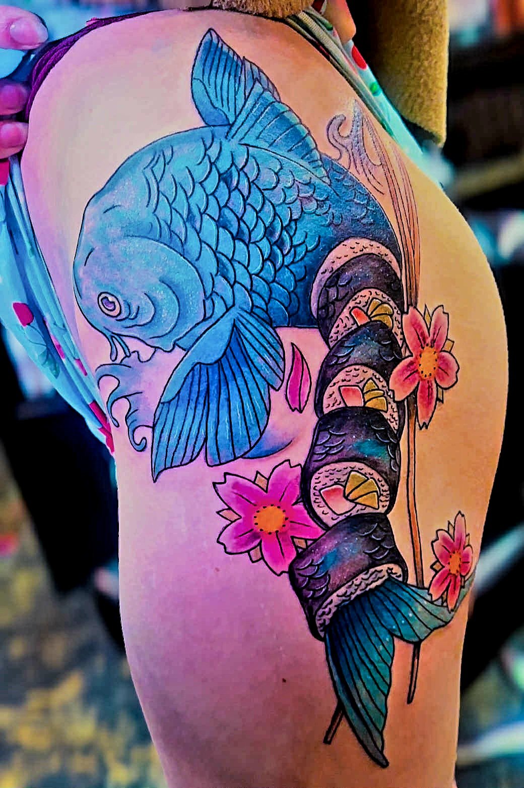 Large Sushi Koi thigh color tattoo done by TattoosbyNoelle ™ at Ink Therapy