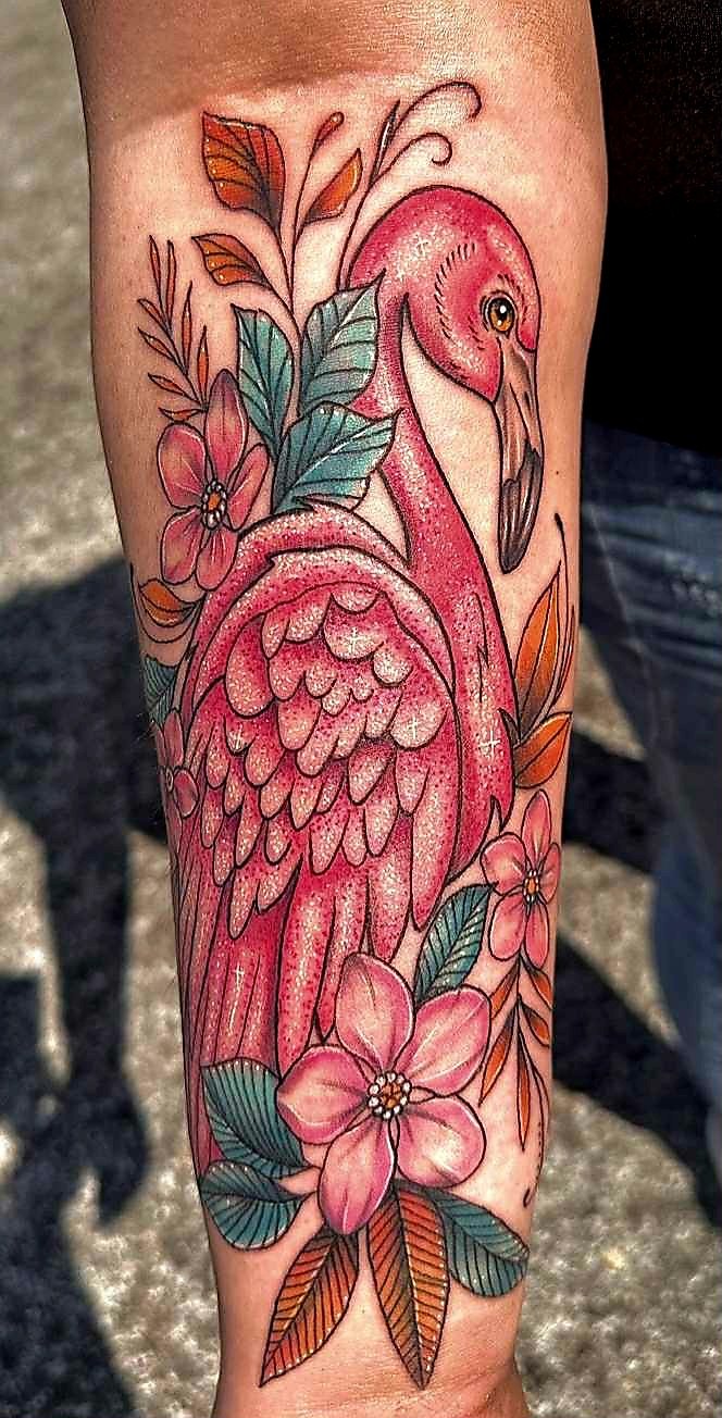 Glitter Flamingo color tattoo done by TattoosbyNoelle ™ at Ink Therapy