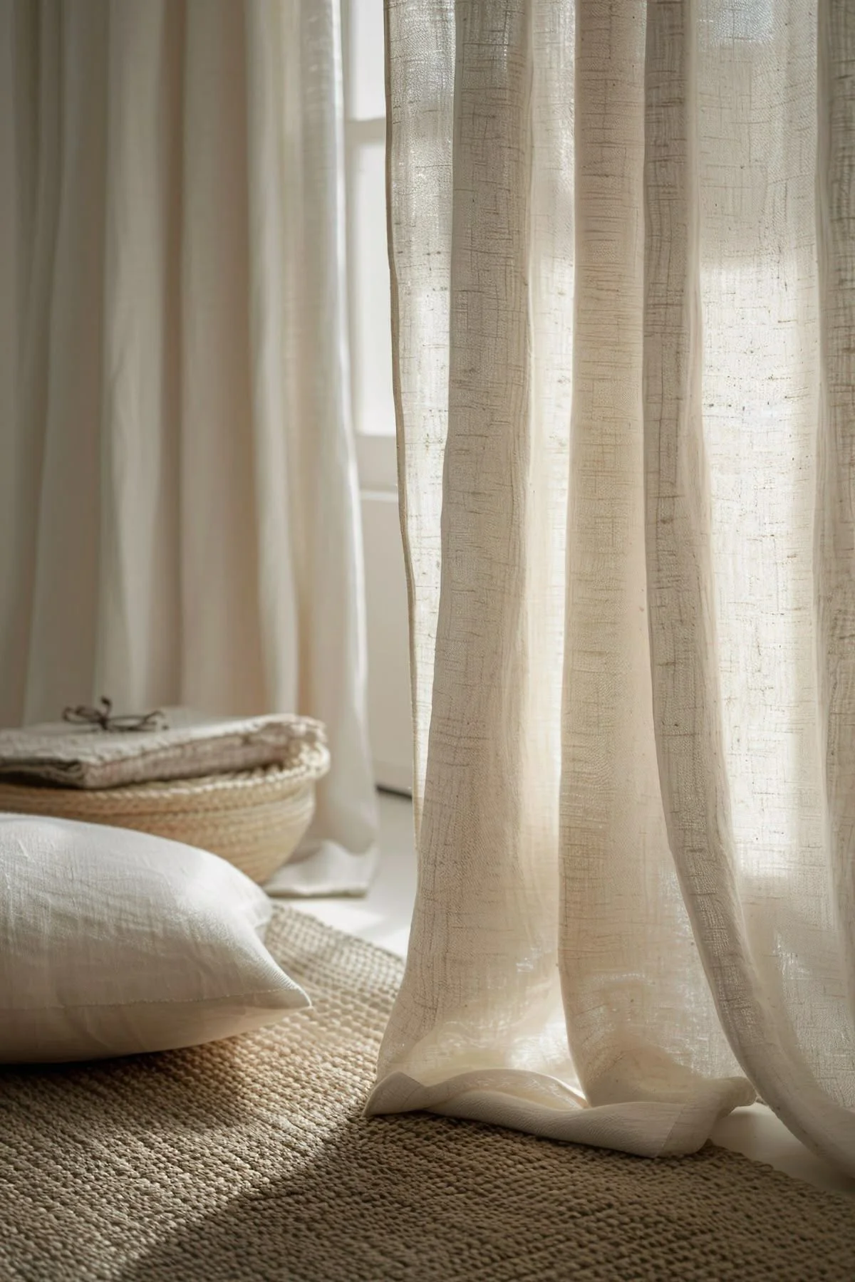 Sunlight filters through white curtains illuminating a cozy, neutral-toned room with pillows, a woven basket, and a textured rug.