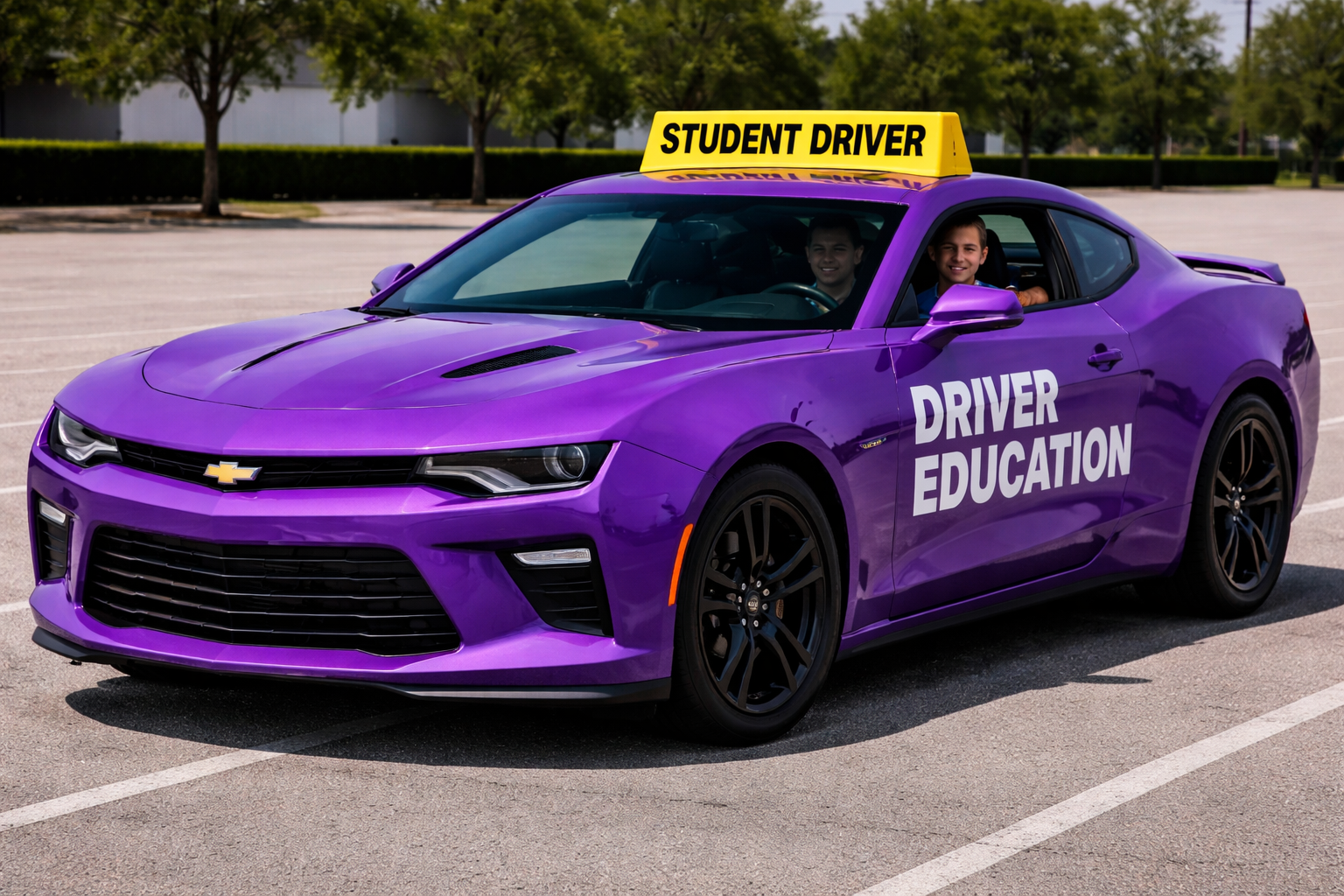 A purple Chevrolet car used for driver education with two young males inside, one of whom is a student driver; the car has a yellow sign on top reading 'STUDENT DRIVER'. The scene is in an open parking lot with trees and a building in the background.