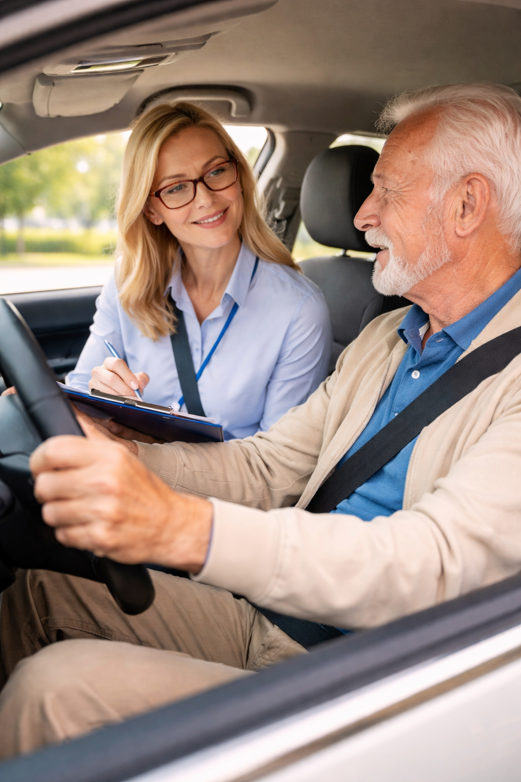 A driving instructor and an older man sitting in a car, talking and smiling, with the instructor holding a clipboard.