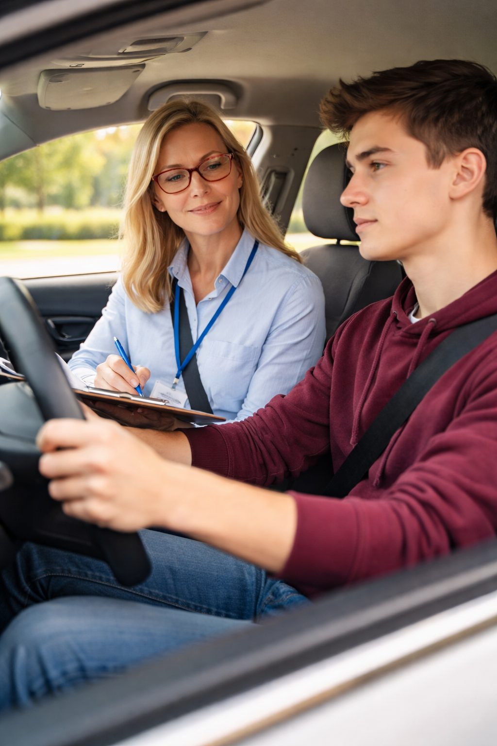 A young man in a maroon hoodie sitting in the driver's seat of a car, talking to a woman in the passenger seat who is wearing glasses, a light blue shirt, and taking notes.
