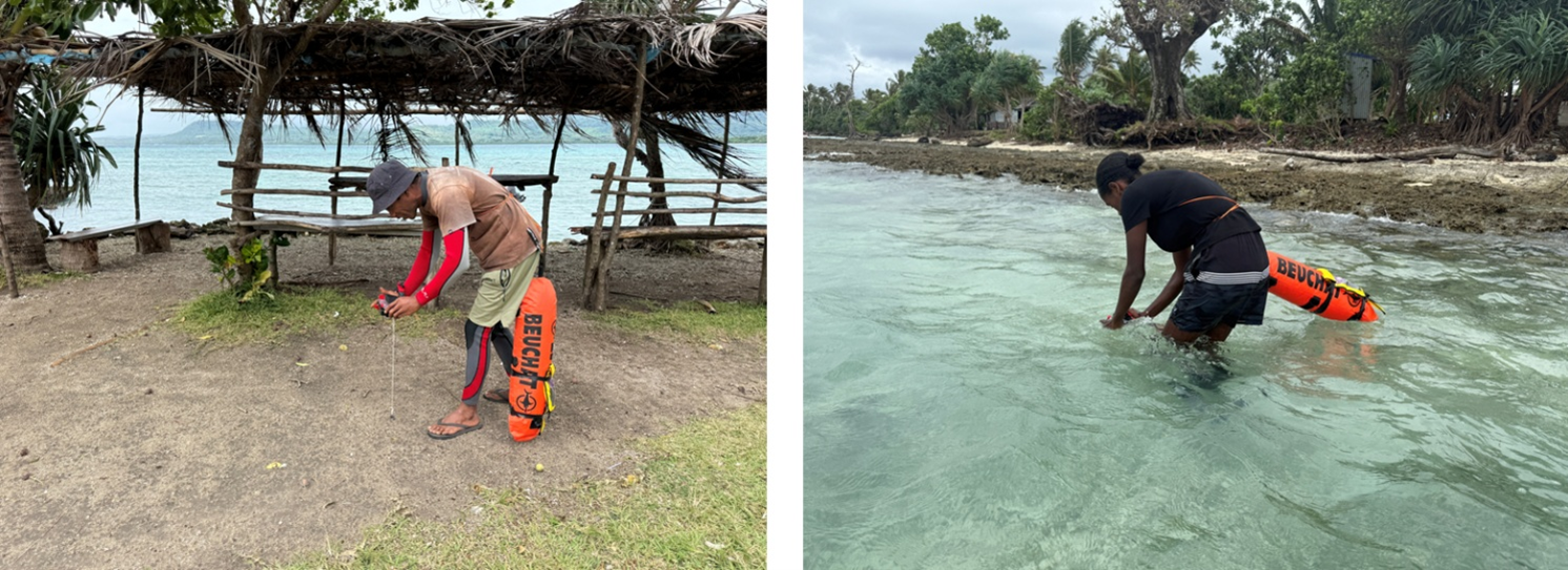 Male and female community members undergoing photo-transect survey training. Survey gear pictured was provided to the community with project funds. Photo: Kathryn Markey.