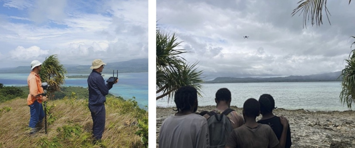 UQ staff flying LiDAR missions on top of Pele Island. Photo: Gillian Rowan. Right image: Pele Island youths and PIELSN members conducting a drone survey. Photo: Reilly Williamson.