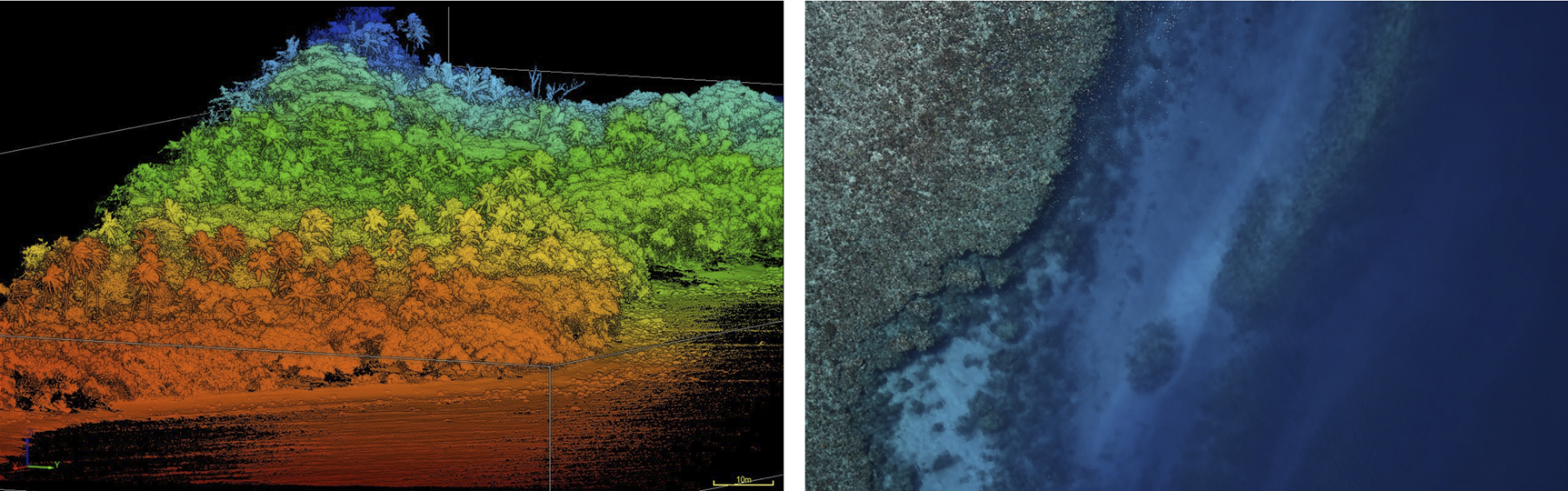 Examples of LiDAR (left) &amp; multi-spectral (right) drone data. LiDAR image is a visualisation of vegetation &amp; coastal features. Multi-spectral image is a coral reef. Image: Reilly Williamson