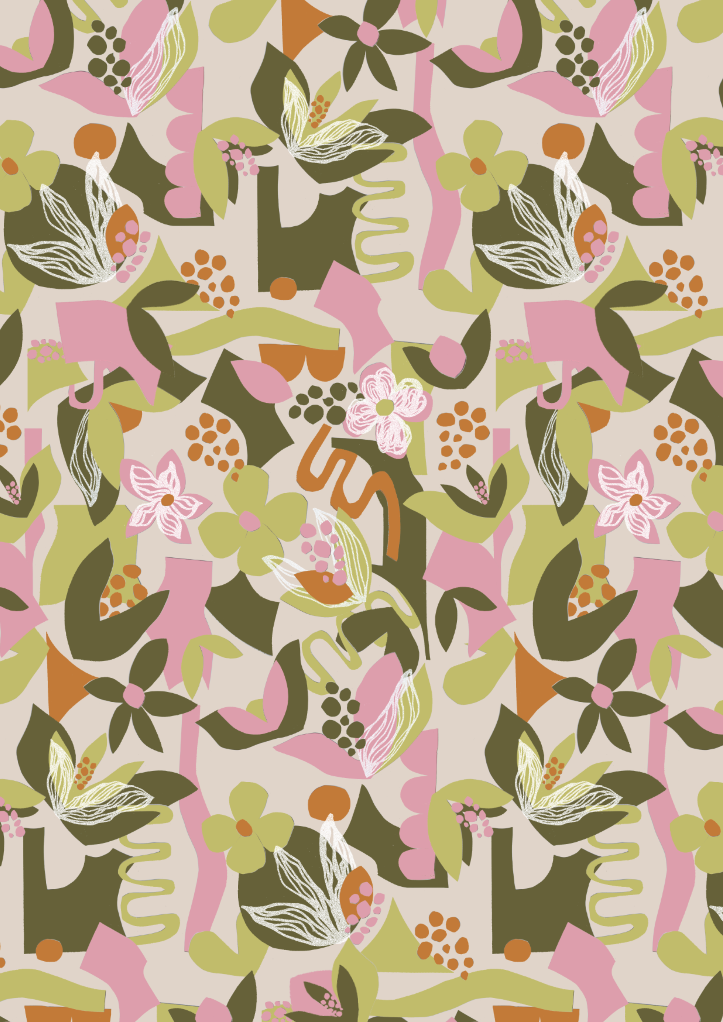 A seamless pattern featuring leaves, flowers, butterflies, and abstract shapes in shades of pink, green, brown, and beige.