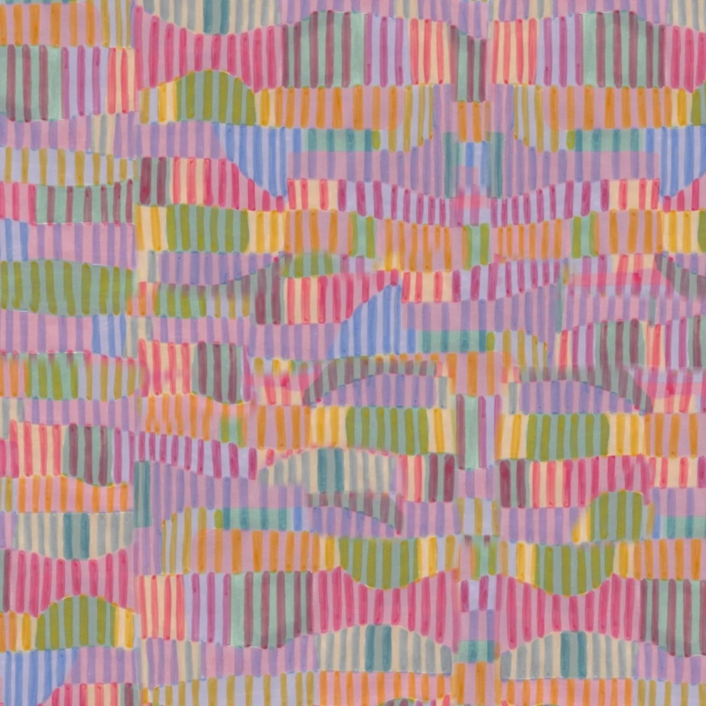 Colorful, abstract pattern with overlapping striped shapes in pink, purple, green, yellow, blue, and orange.