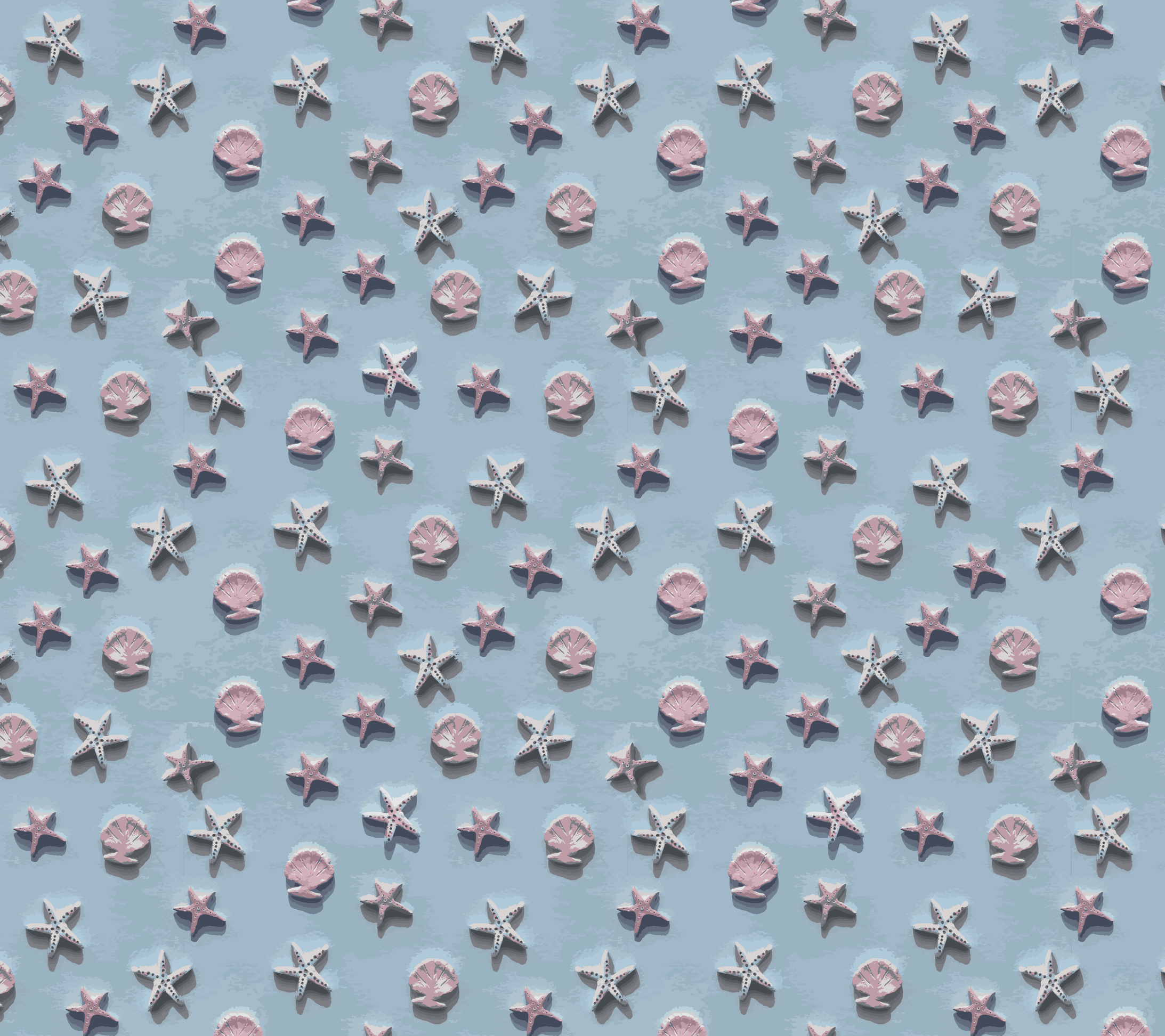 Pattern of pink seashells and starfish on a blue background.