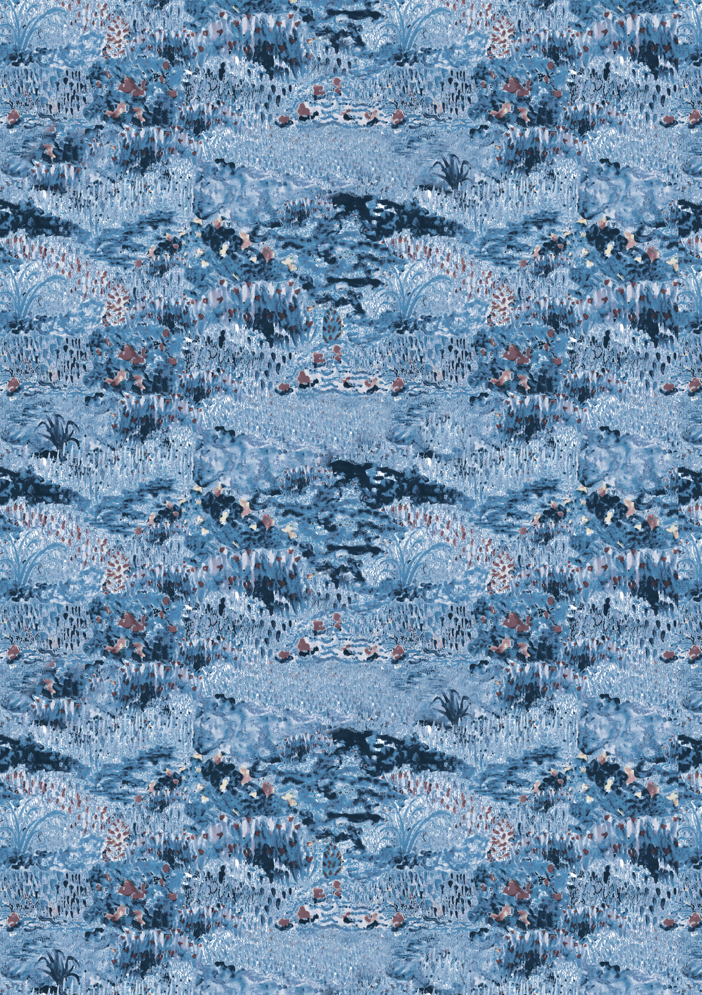 A seamless pattern featuring a painted natural landscape with trees, plants, and rocks in shades of blue, gray, and brown.
