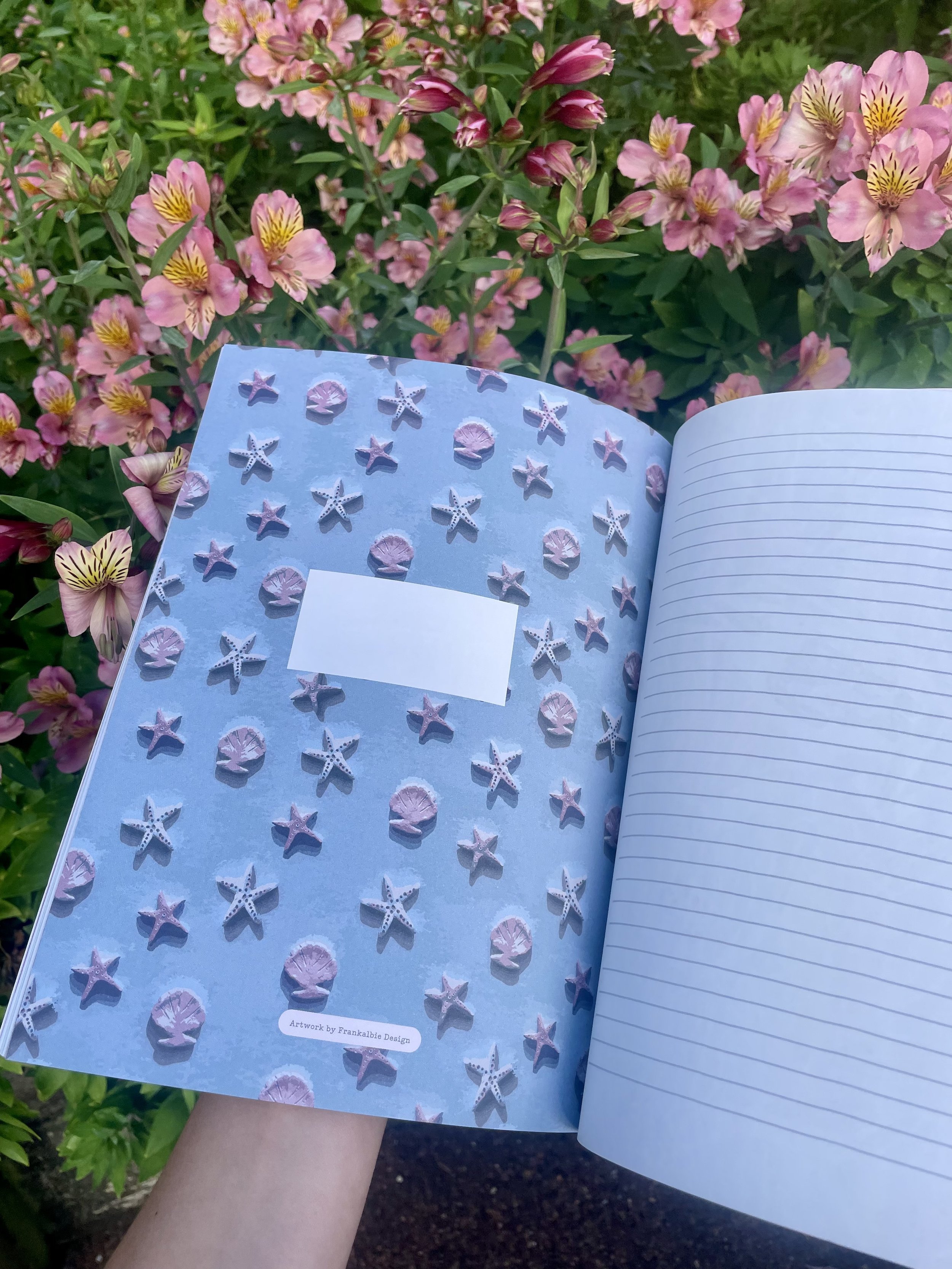 Open notebook with a sky blue background decorated with starfish and shell stickers, held in front of pink and yellow flowers outdoors.