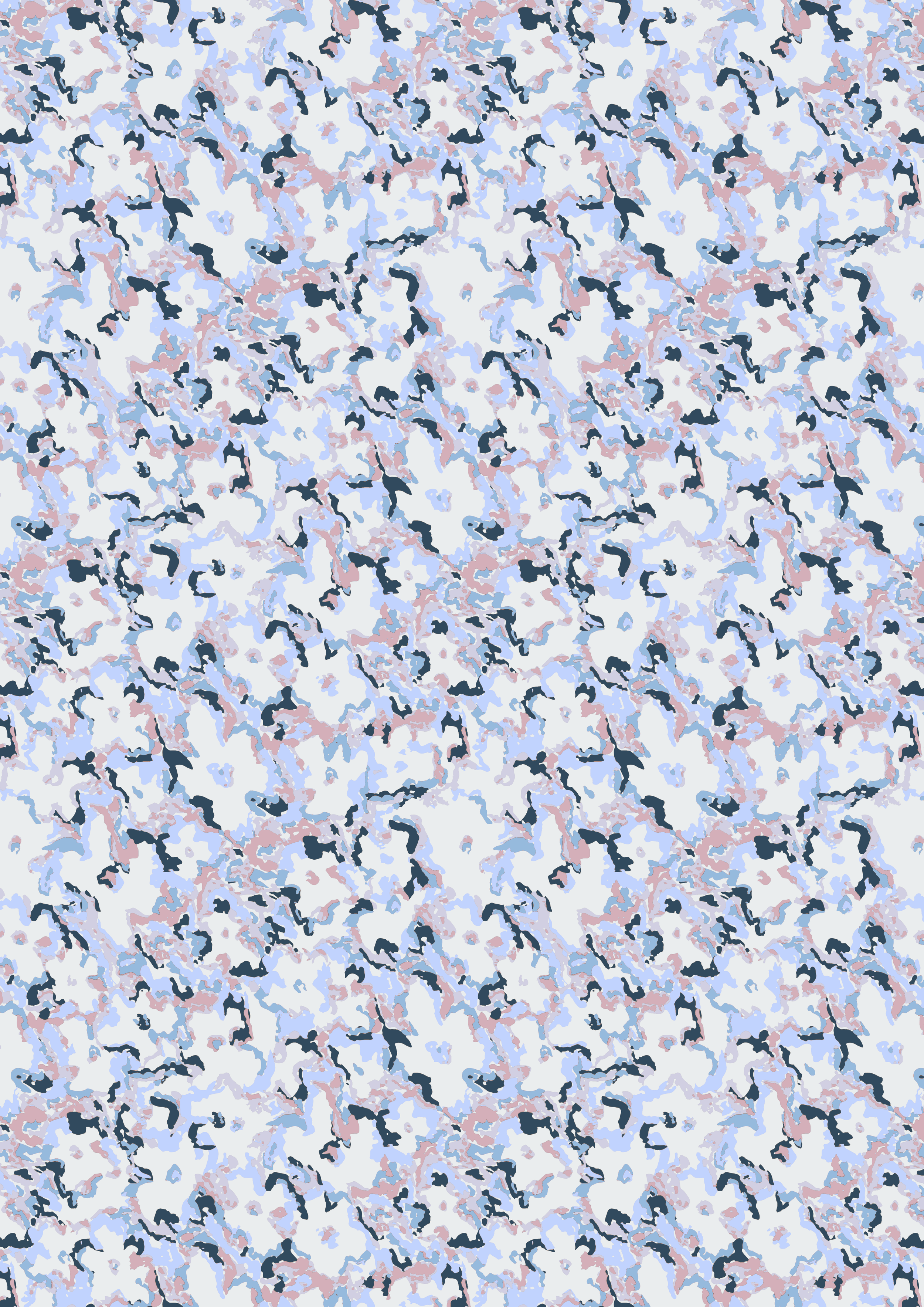 A digital camouflage pattern with irregular shapes in shades of blue, gray, and pink.