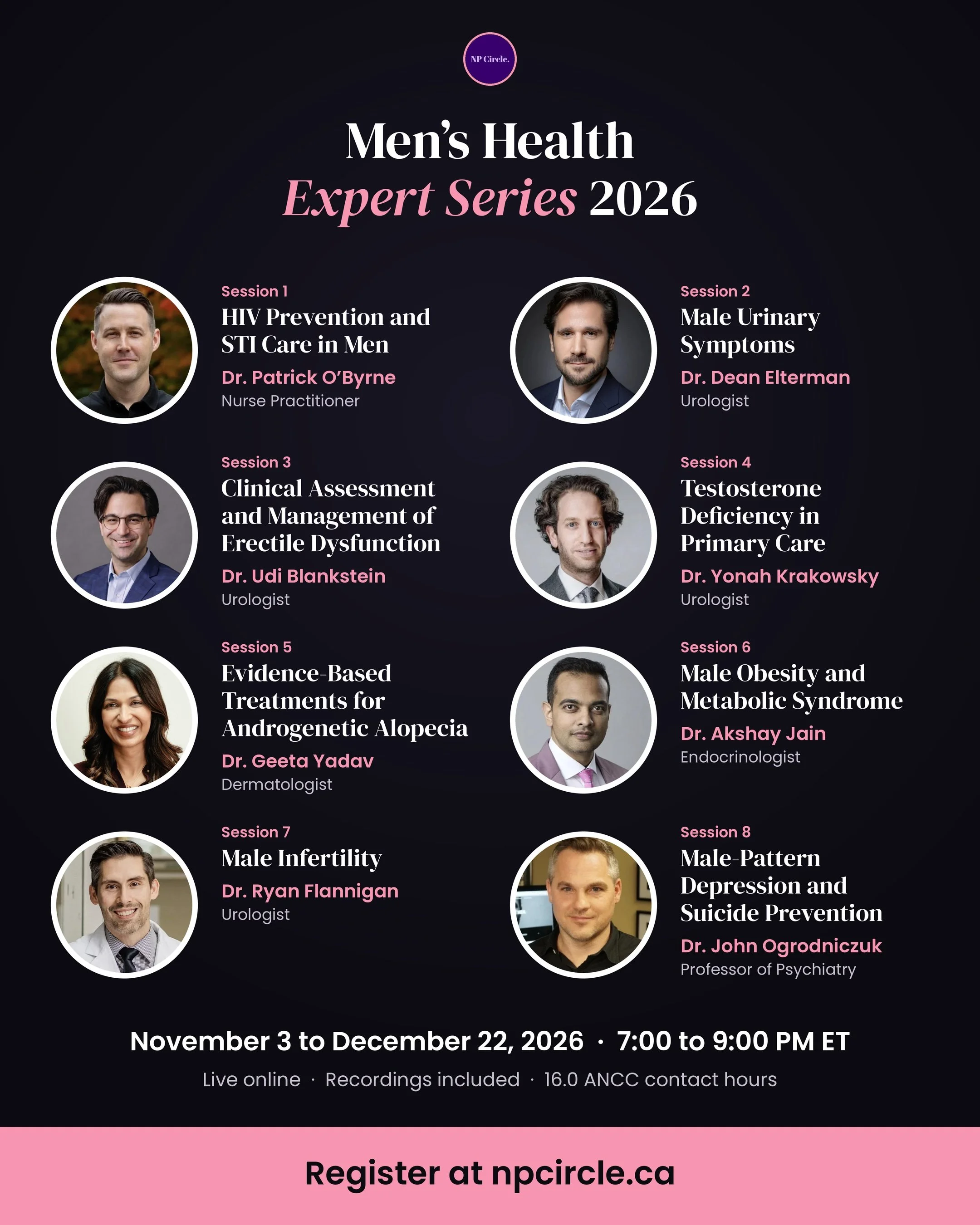 Starting soon! 

Our Men's Health Expert Series kicks off Tuesday, November 3, with 8 sessions taught by leading specialists. There's still time to join us.

2 ways to learn:
- Join live: Tuesdays, November 3 to December 22, 7 to 9 PM ET, with live Q