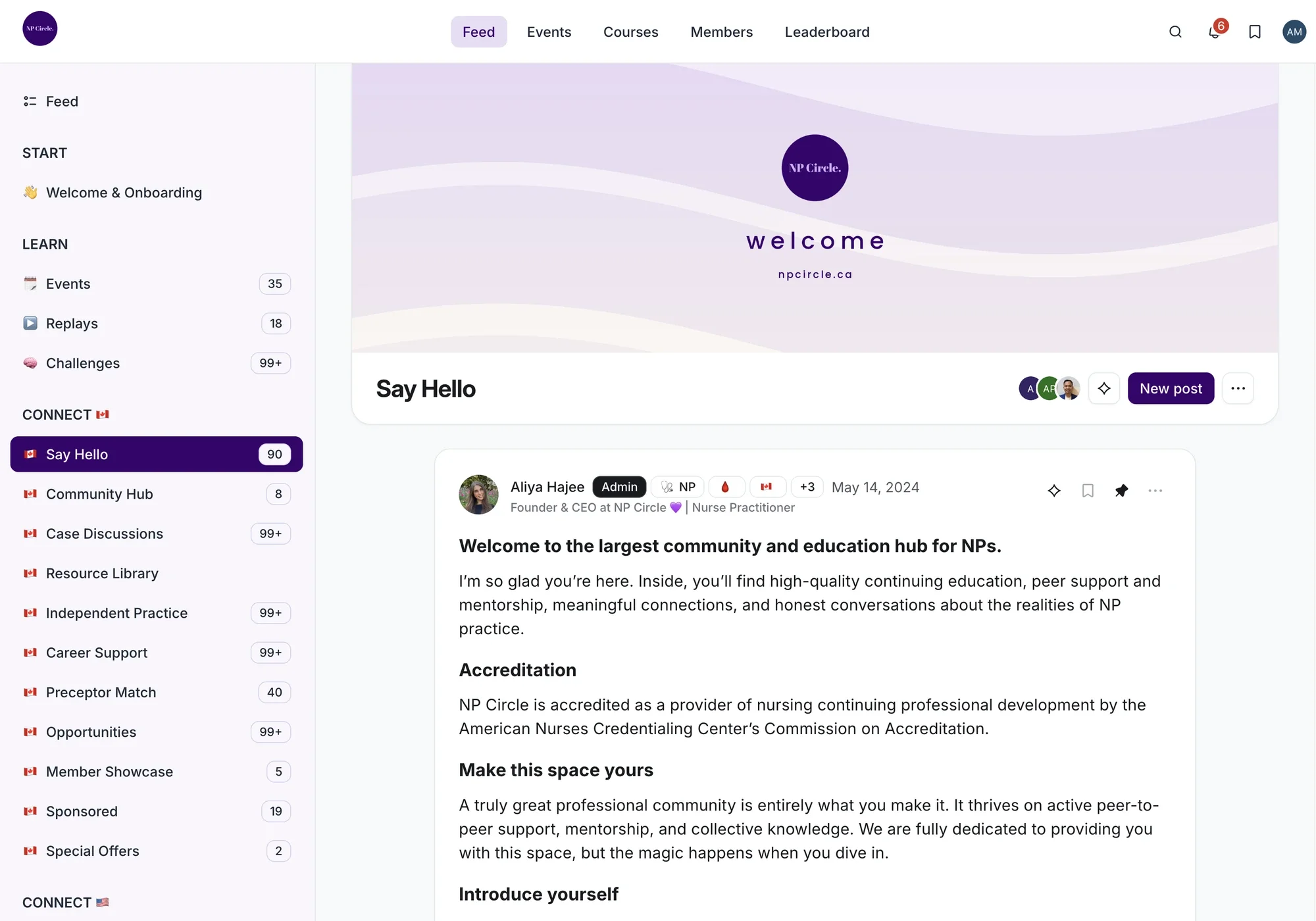 NP Circle online community for NPs, showing the member feed, events and courses