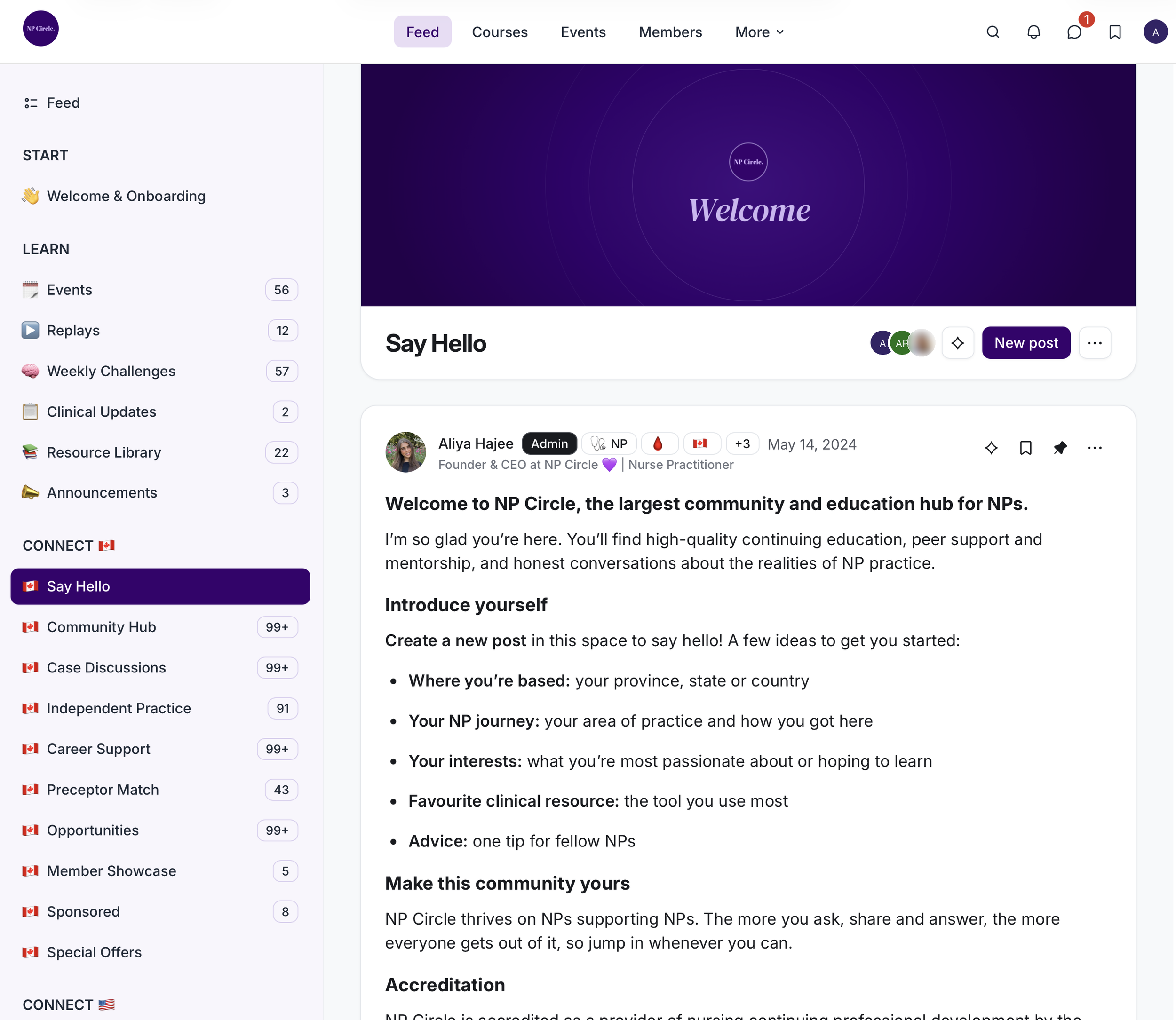 NP Circle online community for NPs, showing the Say Hello space with the welcome post for new members