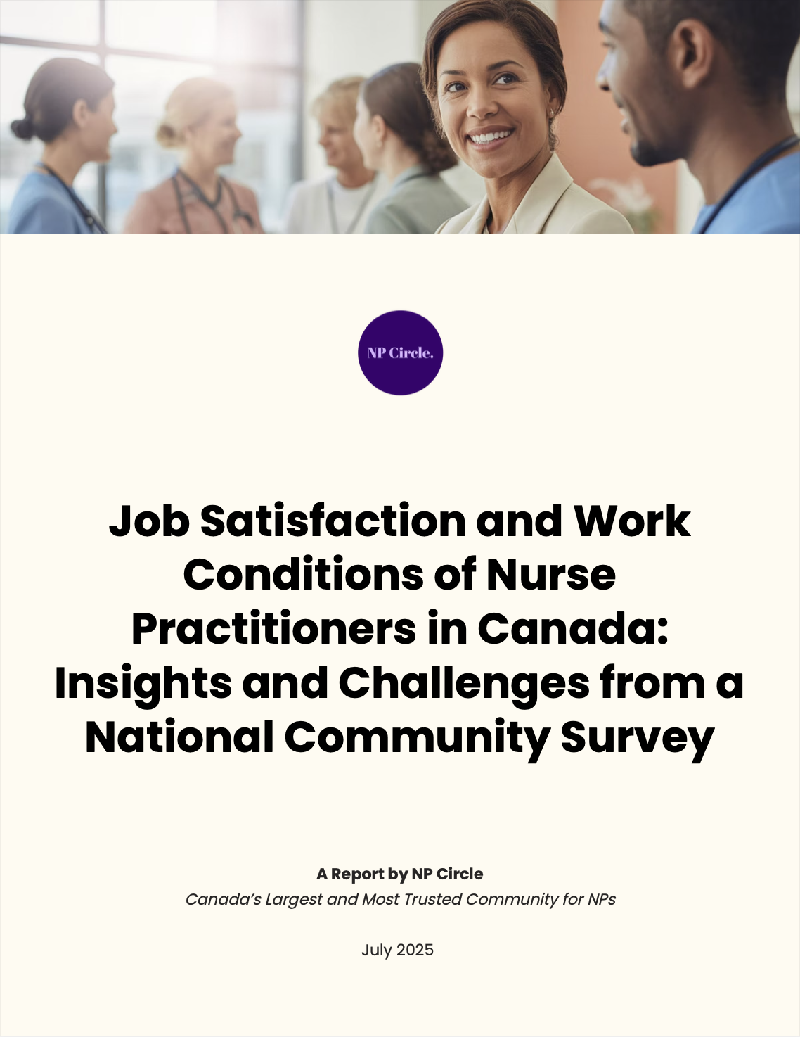 Cover page of a report titled 'Job Satisfaction and Work Conditions of Nurse Practitioners in Canada' by NP Circle
