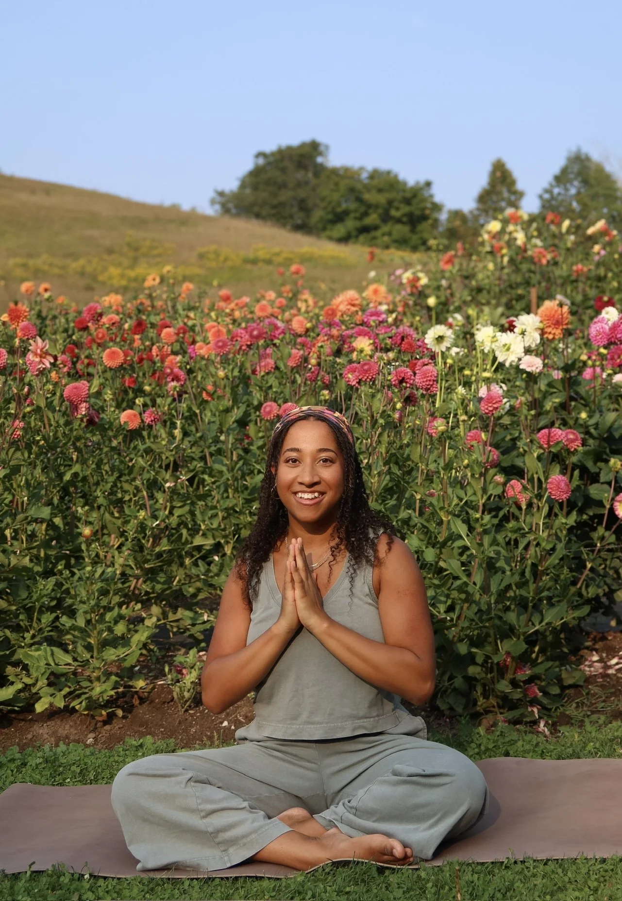 Jasmine DeLeon guiding mindful movement yoga at Valhaven Farm in Mono Ontario