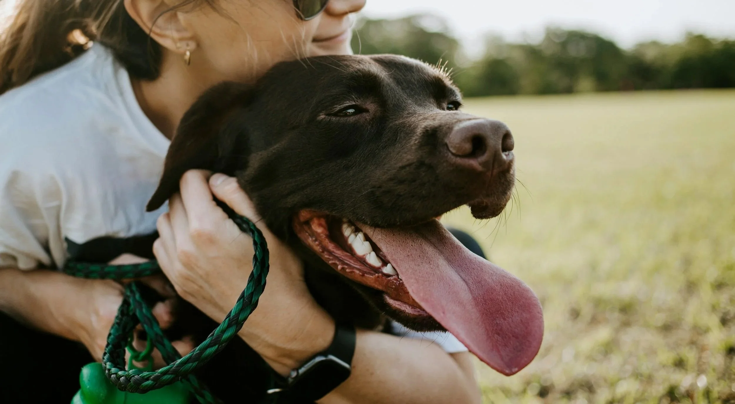 human with sunglasses and earrings is hugging a brown dog that has an open mouth panting