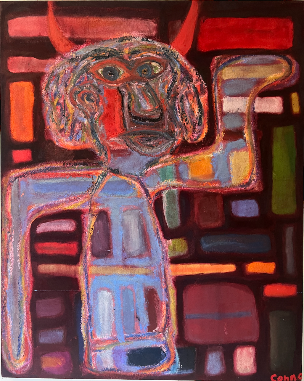 An abstract painting of a dog with curly hair, a long snout, and large eyes, depicted with colorful, bold strokes on a dark background, signed in red in the bottom right corner.