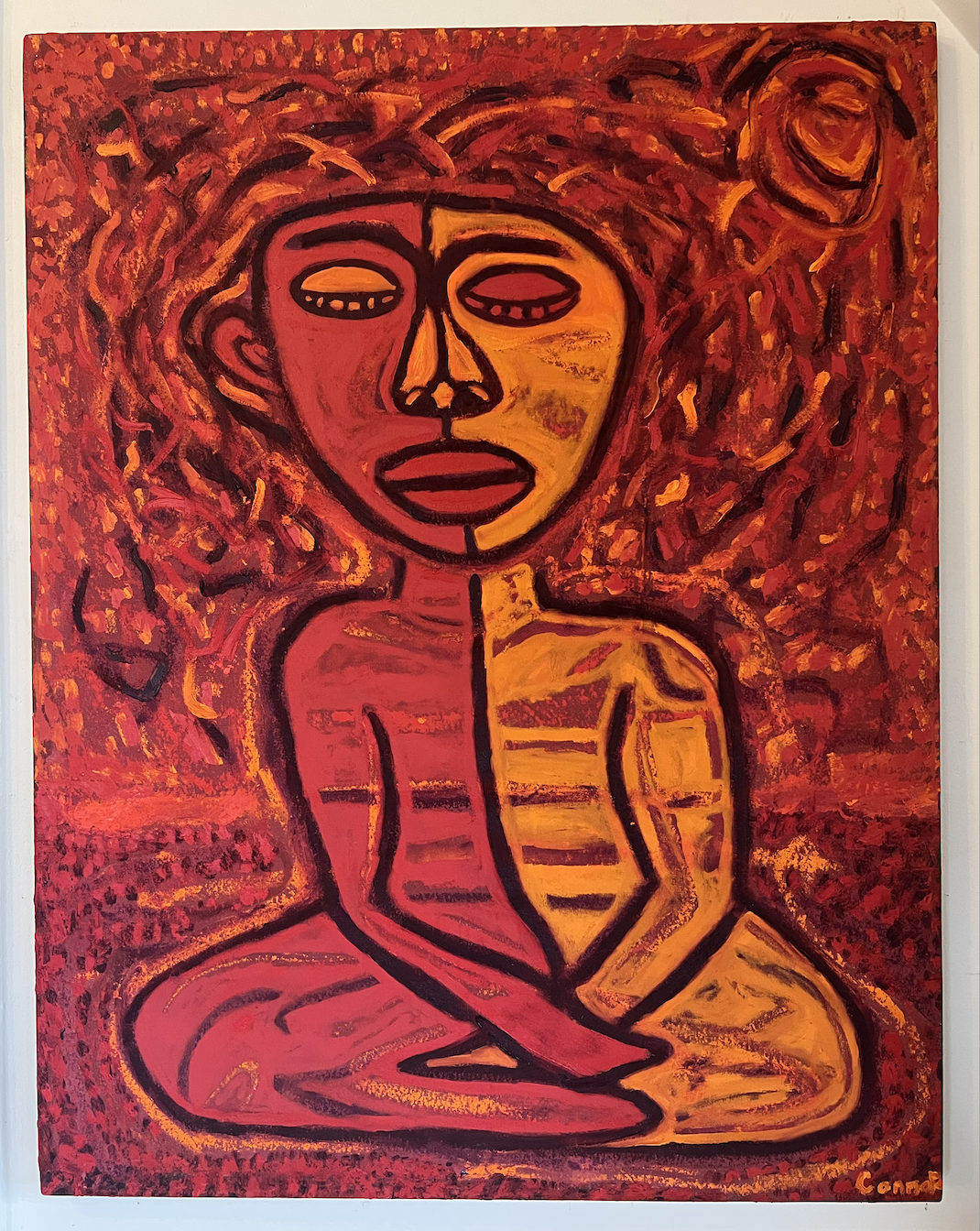 Expressionist painting of a seated woman with her legs crossed and hair styled in a bun, rendered in red, orange, and yellow tones with thick black outlines.
