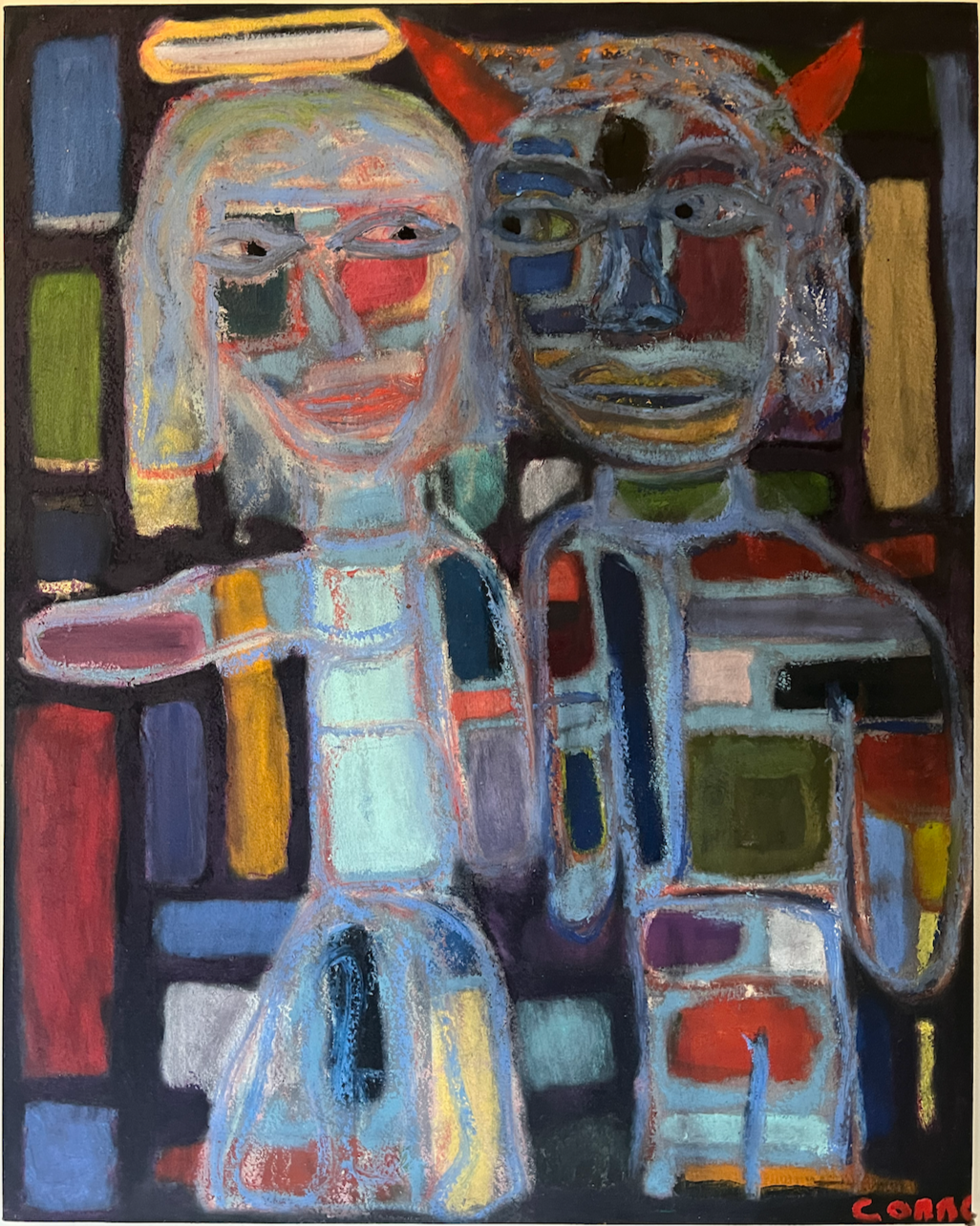 Abstract painting of two stylized human figures with colorful, geometric background elements.