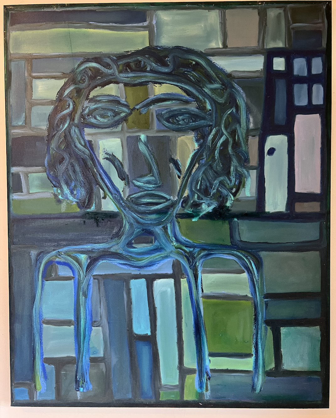 Abstract painting of a human face with wavy hair, outlined in blue, against a geometric, multicolored background with squares and rectangles.