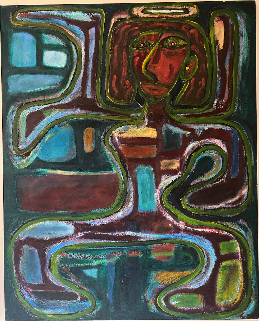 An abstract expressionist painting featuring a faceless figure with large eyes and a halo, surrounded by flowing lines and vibrant colors including blue, red, green, and yellow.