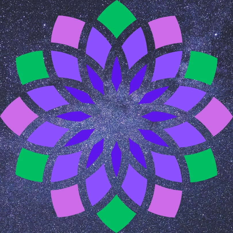 A colorful, symmetrical geometric pattern resembling a flower or star, composed of purple and green shapes, over a starry night sky background.