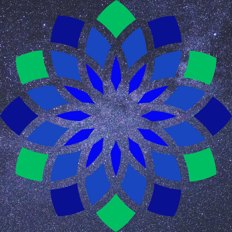 A geometric pattern overlay resembling a snowflake or flower on a starry night sky background.