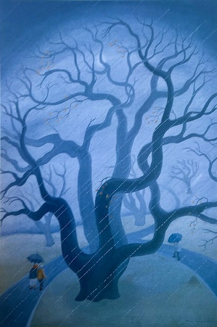  Rainy day  1997 | oil on canvas | 8
8 x 62 cm | One of 54 painting sequence 'A garden for all seasons'. Collection: Elisabeth Murdoch, long term loan to National Trust c2004, long term loan to Austin Hospital, Melbourne, 2007