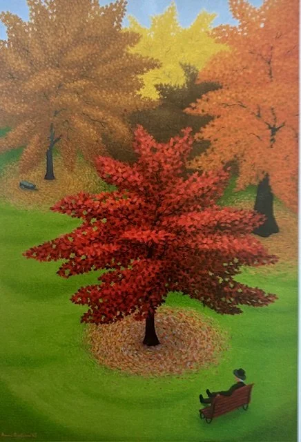  Oak trees in autumn  1995 | oil on canvas | 88 x 62 cm | One of 54 painting sequence 'A garden for all seasons'. Collection: Elisabeth Murdoch, long term loan to National Trust c2004, long term loan to Austin Hospital, Melbourne, 2007