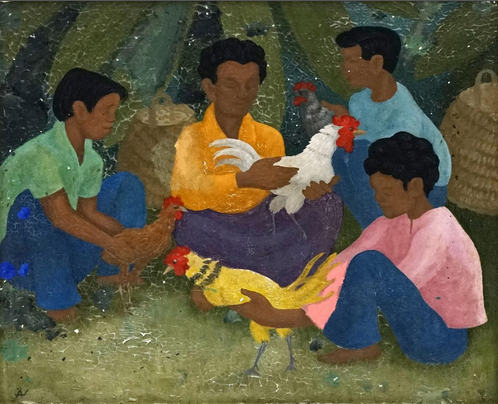   Roosters, Bali   1978 | oil on canvas | 18.5 x 21.5 cm | The Estate of the late Benjamin Peel, Sydney, c/- Lawsons auctions  