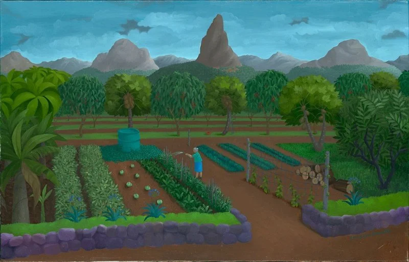  Vegetable garden, Glasshouse Mountains  1984 | oil on canvas | 60.8 x 91.2 cm | Collection: Benalla Art Gallery, Victoria  