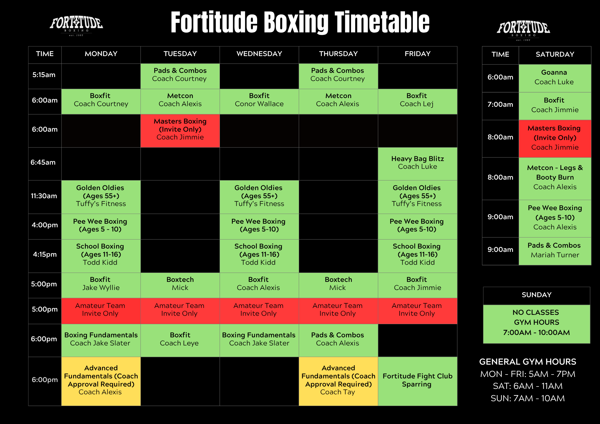 Fortitude Boxing Class Timetable — Fortitude Boxing Gym