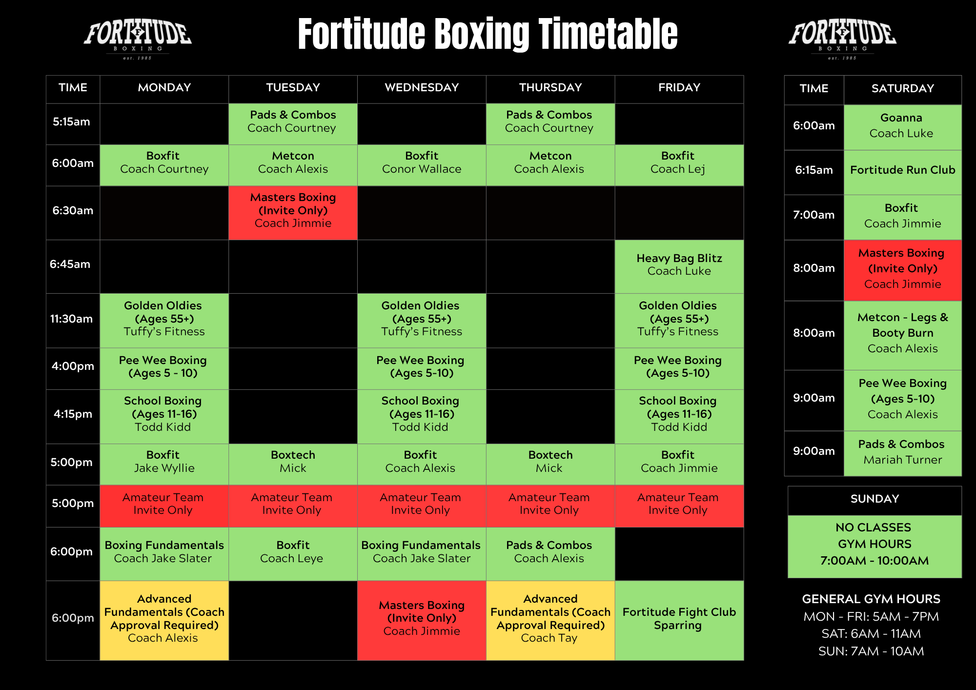 A weekly boxing class timetable from Fortitude Boxing with scheduled classes for each weekday and Saturday, color-coded for class types, including boxing, fitness, and invitation-only sessions, along with general gym hours from Monday to Friday, and Sunday gym hours.