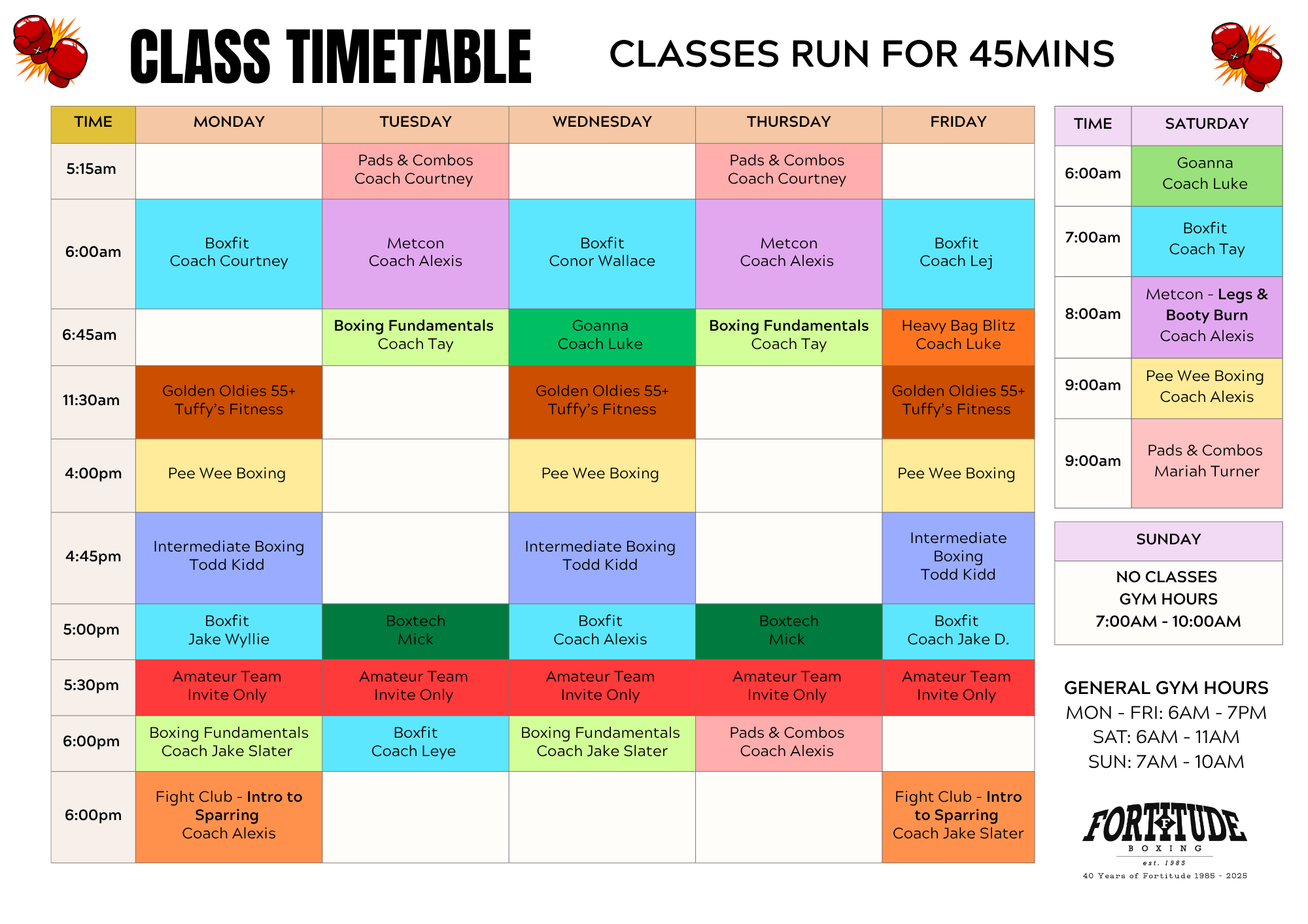Fortitude Boxing Class Timetable — Fortitude Boxing Gym