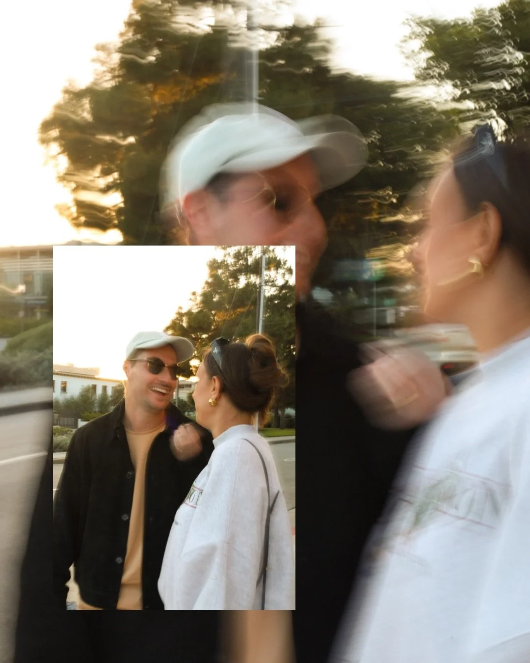 couple shooting, blurry, smile