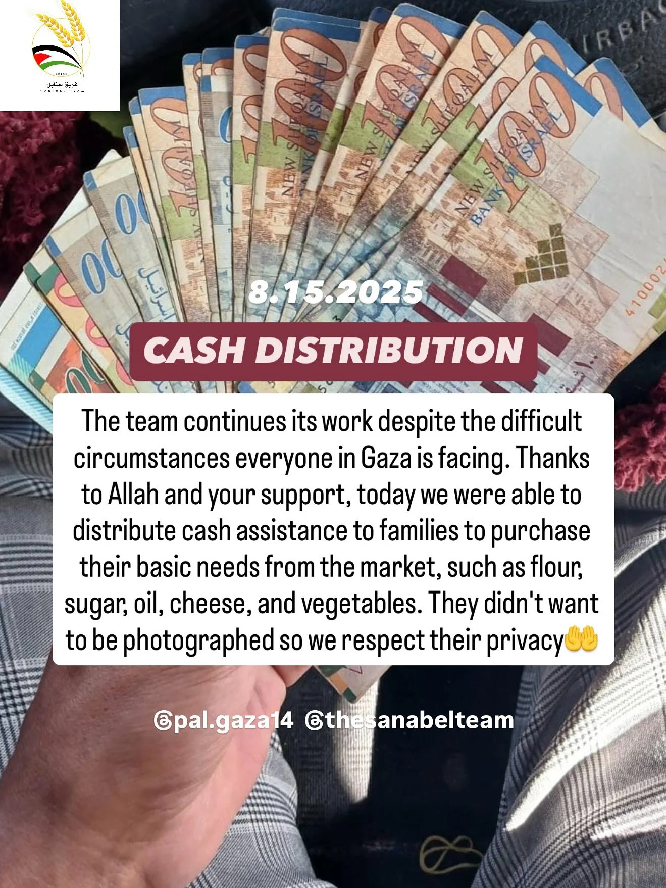 Friends, our team is still alive in Gaza! Thanks to generous contributions and support from you friends, our team is able to provide for families during a time of deliberate starvation from the occupation. Today we were able to distribute cash assist