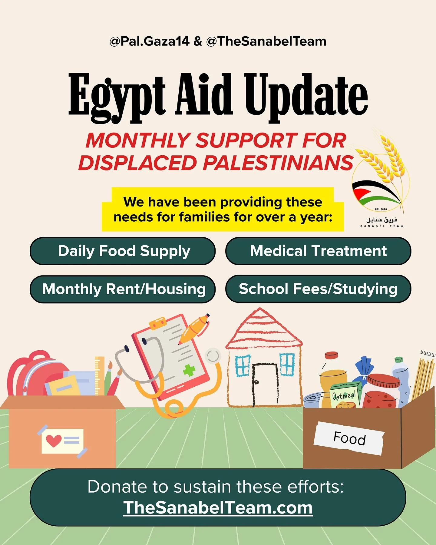 Friends do you know that in addition to Gaza, our team leader and founder @pal.gaza14 has been supporting displaced Palestinians in Egypt for over a year now. Supplying 30 families with food, helps with rent, helps some with treatment and medical car