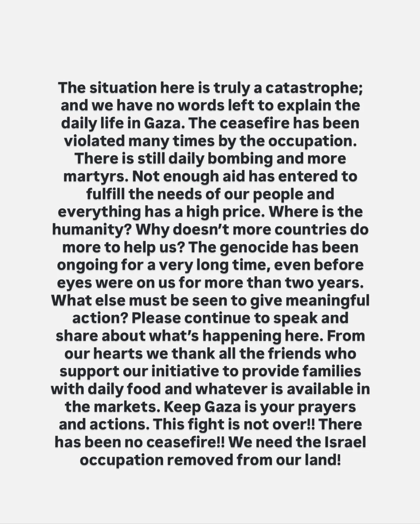 Daily life in Gaza is the new Nakba! The genocide has not ended and there is no ceasefire. We need your urgent actions! Please remember Gaza and fight for us!

You can continue to support our initiative at the link in bio:
TheSanabelTeam.com