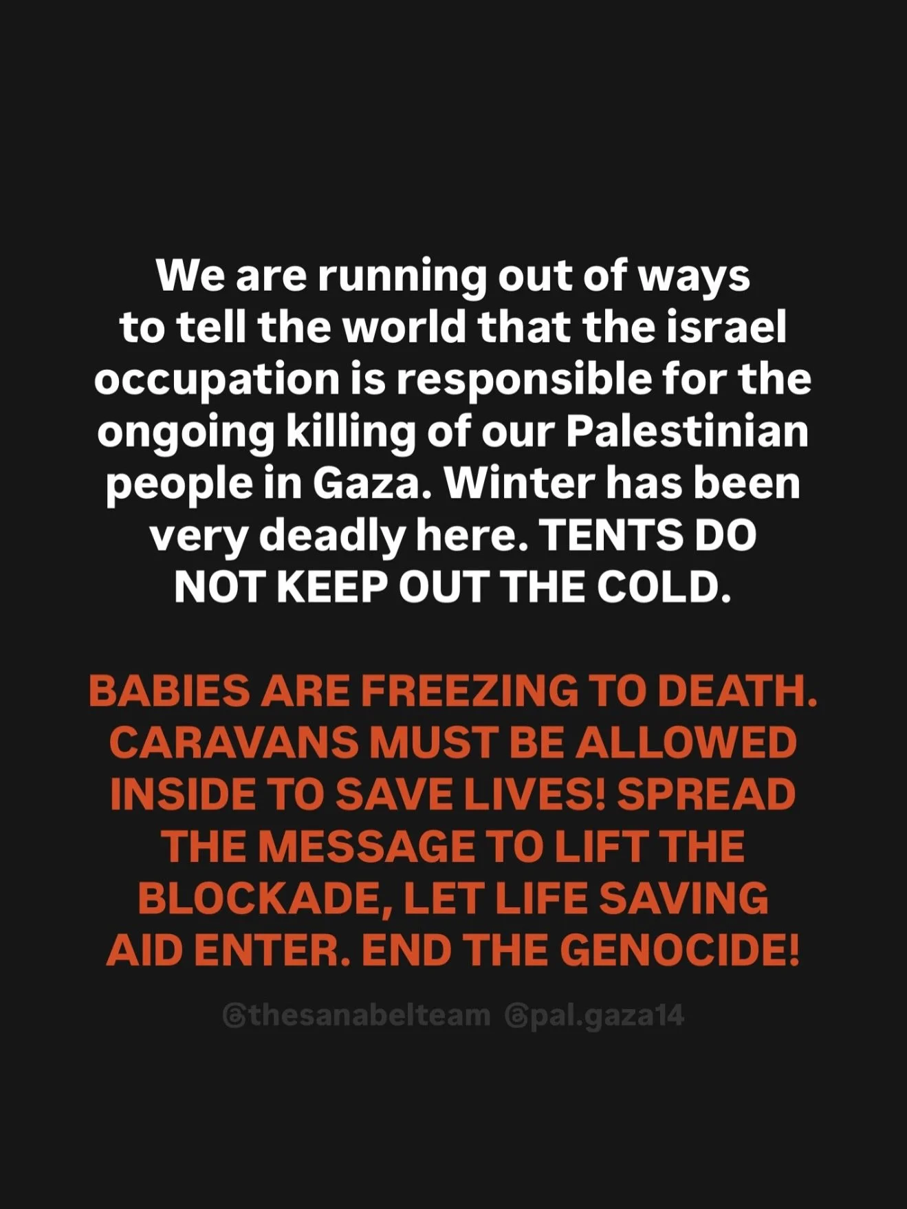 Please spread the message friends!!! We are running out of words to explain the situation in Gaza

You can continue to support our team initiative in feeding many children and families daily: TheSanabelTeam.com